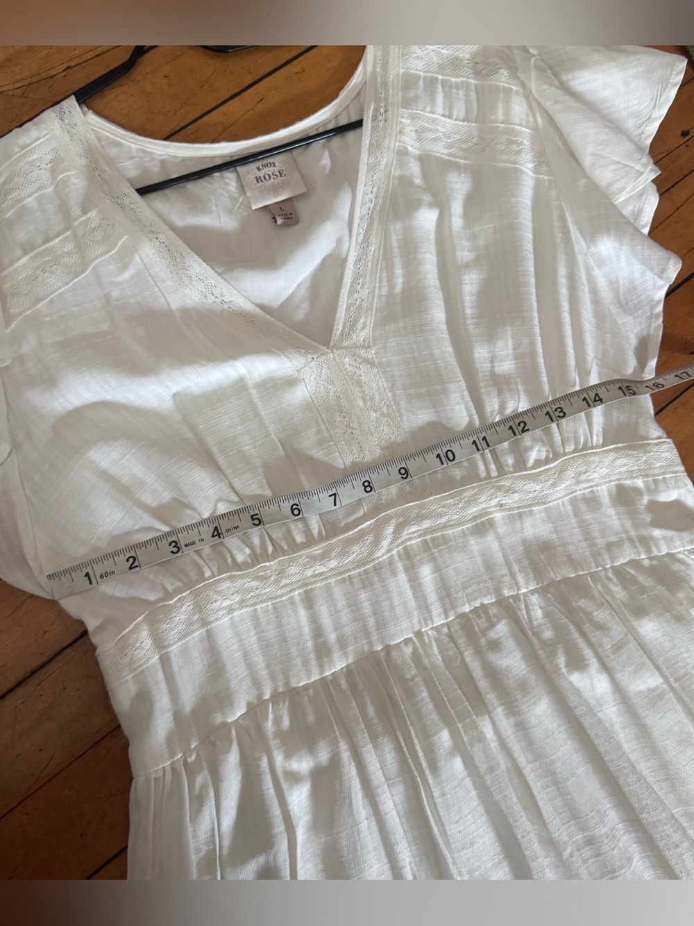 White Boho Dress prarie maxi lace wires v neck short sleeve long size l - Picture 9 of 10